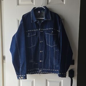 Raw Blue Denim Jacket With Tiger Embroidery